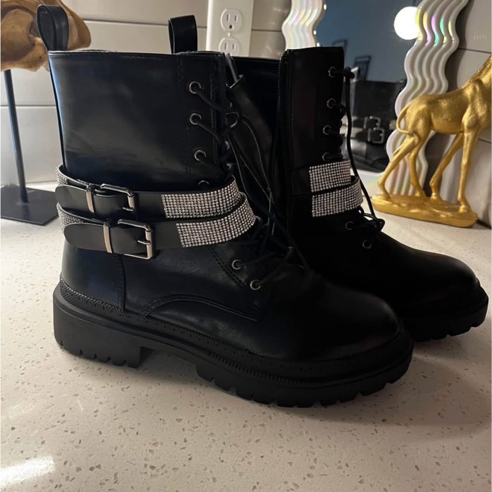 Black Leather Ankle Boots with Rhinestone Straps